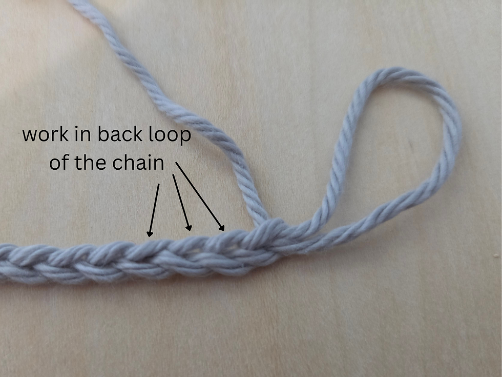 Arrows identifying the back loops of the foundation chain where the first row of the Thermal Stitch is worked.