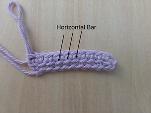 Linked Double Crochet stitches with arrows identifying the horizontal bar used to link the stitches.