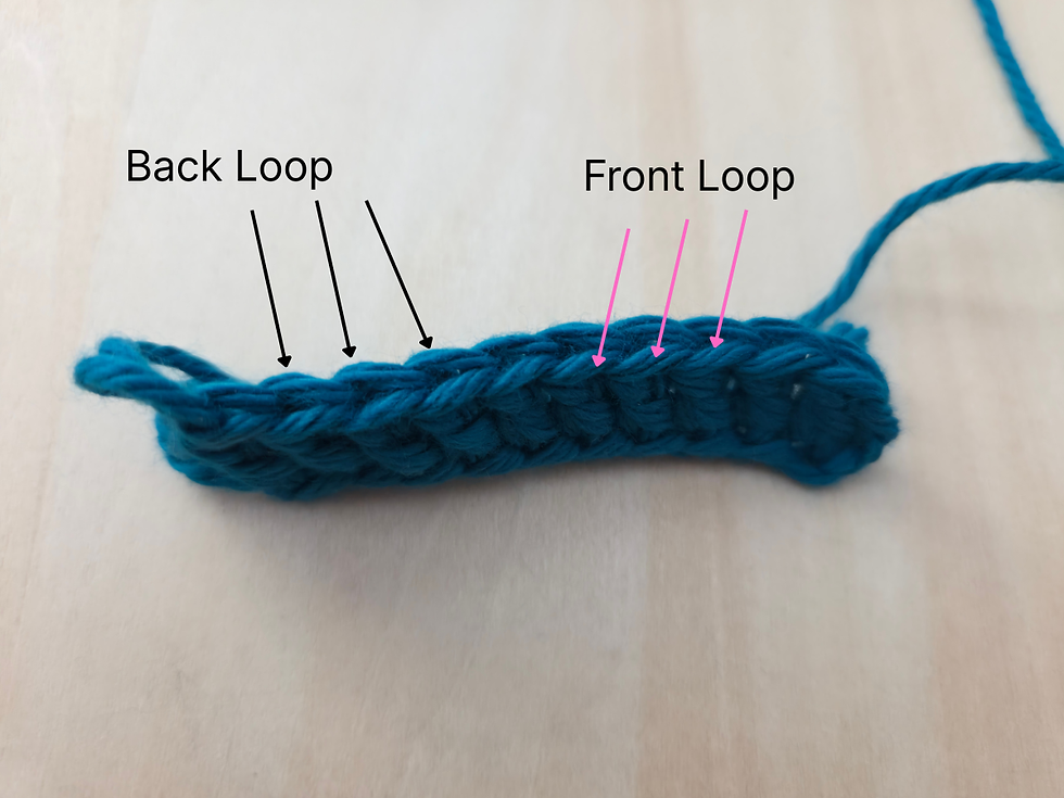 Teal Double Crochet stitches with arrows identifying the front and back loops.