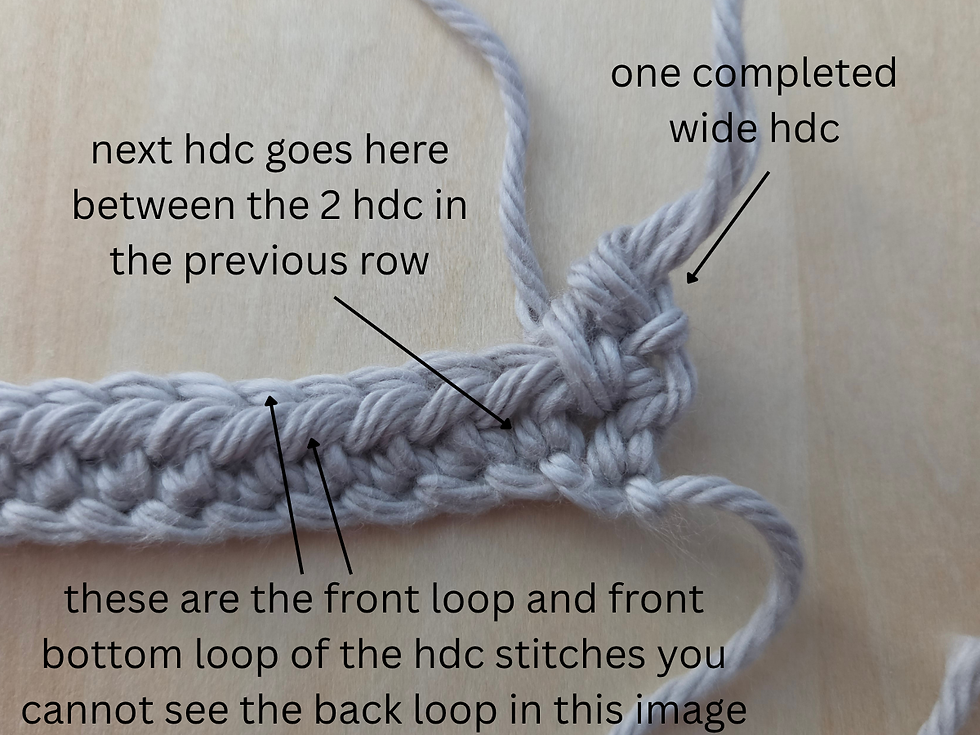 Arrows identifying one completed Wide Half Double Crochet and the space between two half double crochets where the next stitch is worked; the visible front and front bottom loops are also identified.