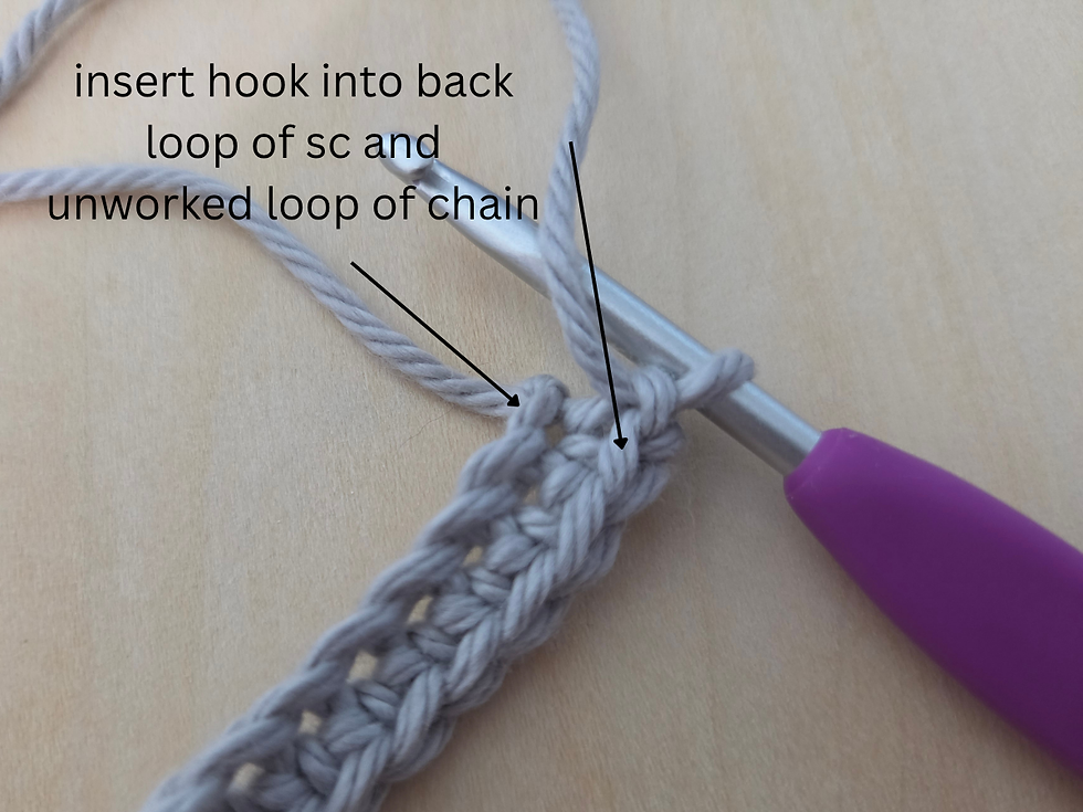 Arrows identifying the back loop of the single crochet and the unworked loop of the foundation chain used for the next Thermal Stitch.