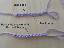 Purple crochet chain showing the front and back loops, then rotated to reveal the back bumps.