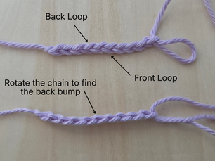 Purple crochet chain showing the front and back loops, then rotated to reveal the back bumps.