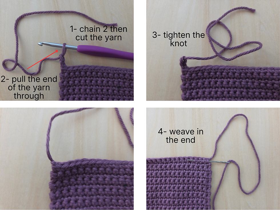 Four step demonstration showing how to fasten off and weave in the yarn end.