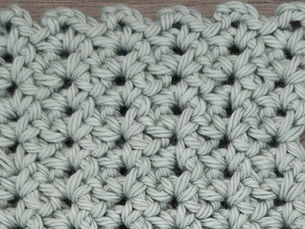 Close-up of yarn crocheted in the Winkel Picot stitch, showing repeating chain three loops framed by Single Crochet stitches.