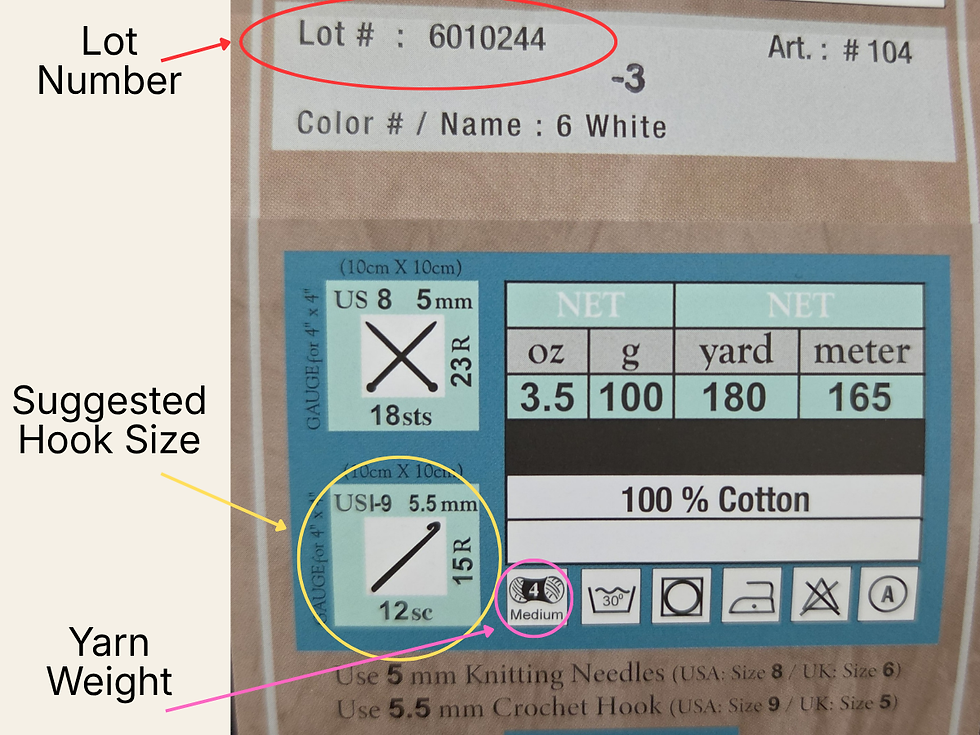 Yarn label identifying the lot number, suggested crochet hook size and medium yarn weight.