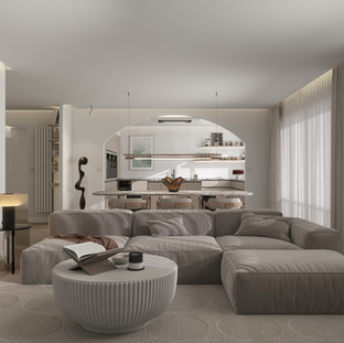 Vue d’ensemble séjour – canapé et arches
Salon lumineux avec canapé modulable texturé et arche douce menant vers la cuisine – rénovation Nina B Studio à Paris 15e.