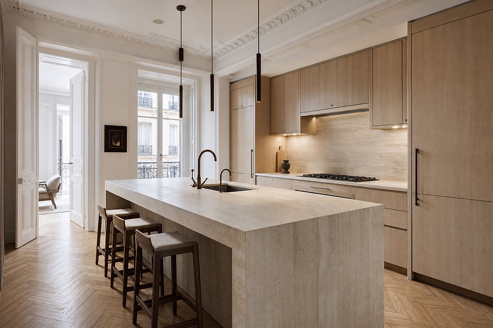 Cuisine haut de gamme dans un appartement parisien rénové avec îlot en pierre et menuiseries sur mesure