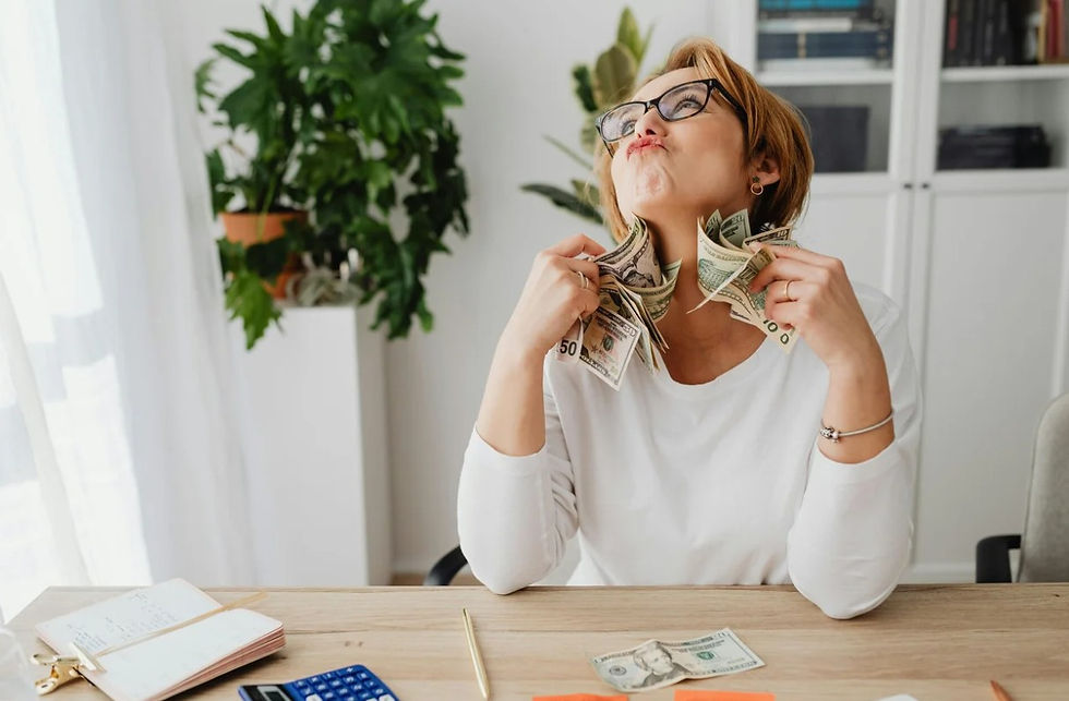 Greedy lady rubs herself with cash