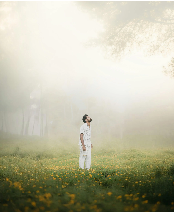 A man stands in a misty meadow