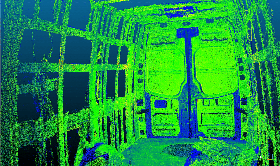 The interior point cloud of a van build conversion that was laser scanned, showing various statistical outlier removal results.
