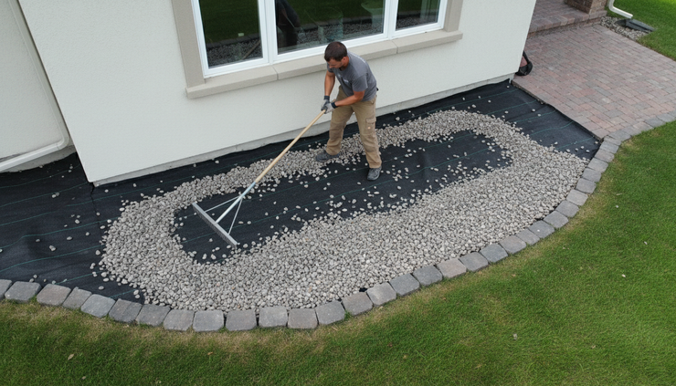Overhead view of a worker leveling fresh river rock with a rake in a prepared landscape bed.
