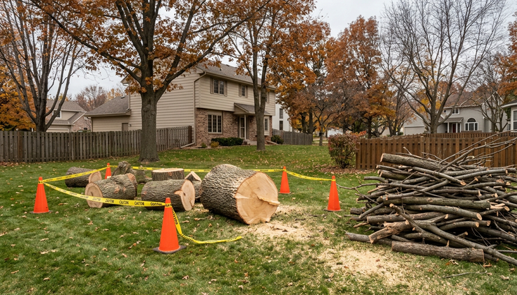 Wide-angle view of a cut tree being cleared from a residential yard.