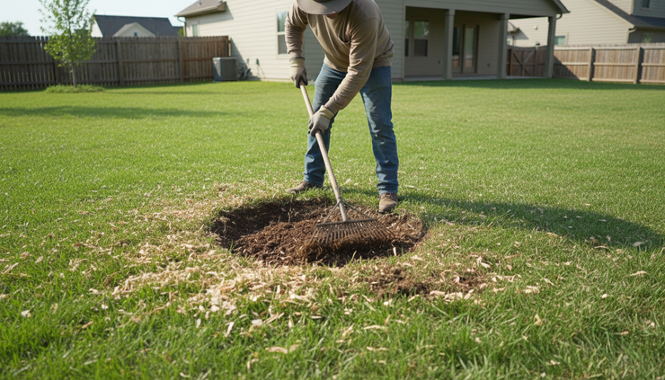 Eye-level view of a yard worker raking soil and wood chips after stump grinding.