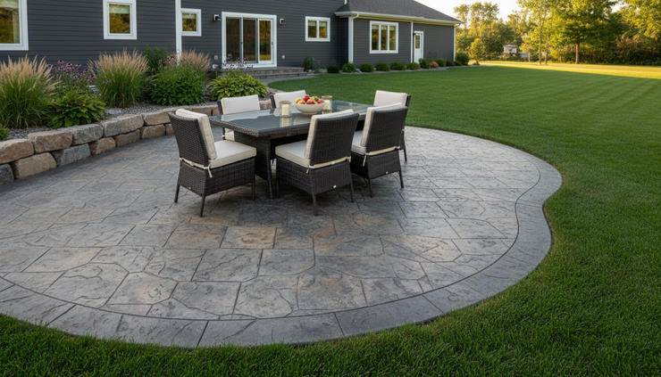 Eye-level view of a stamped concrete backyard patio in Minnesota