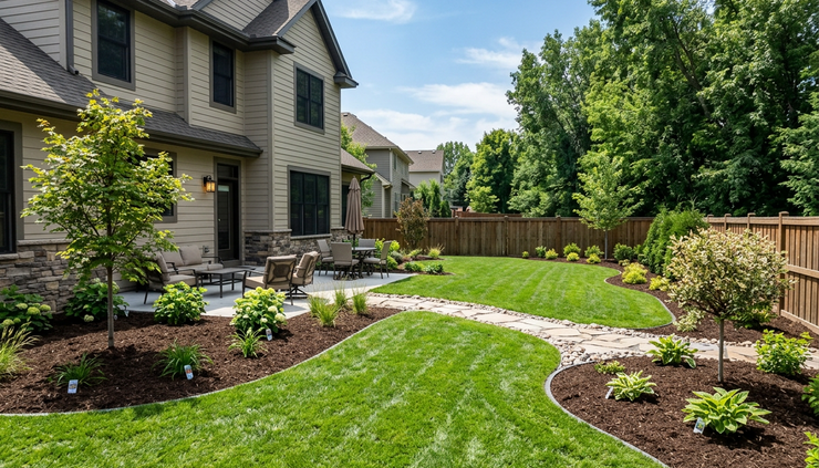 Wide-angle view of a backyard with new sod, fresh mulch beds, and young plantings
