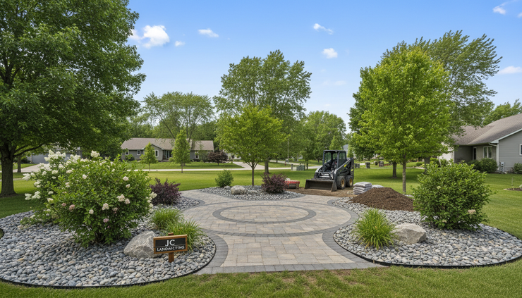 Eye-level view of a Minnesota yard being prepared for summer landscape installation.