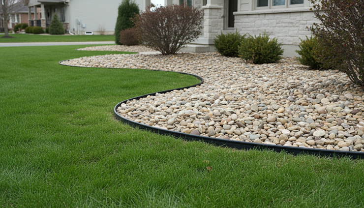 Eye-level view of black landscape edging holding river rock along a curved lawn border.