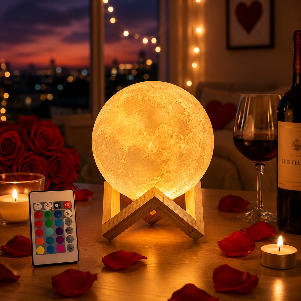 Miniatura: Luminária Lua LED criando um ambiente romântico com velas e decoração elegante.