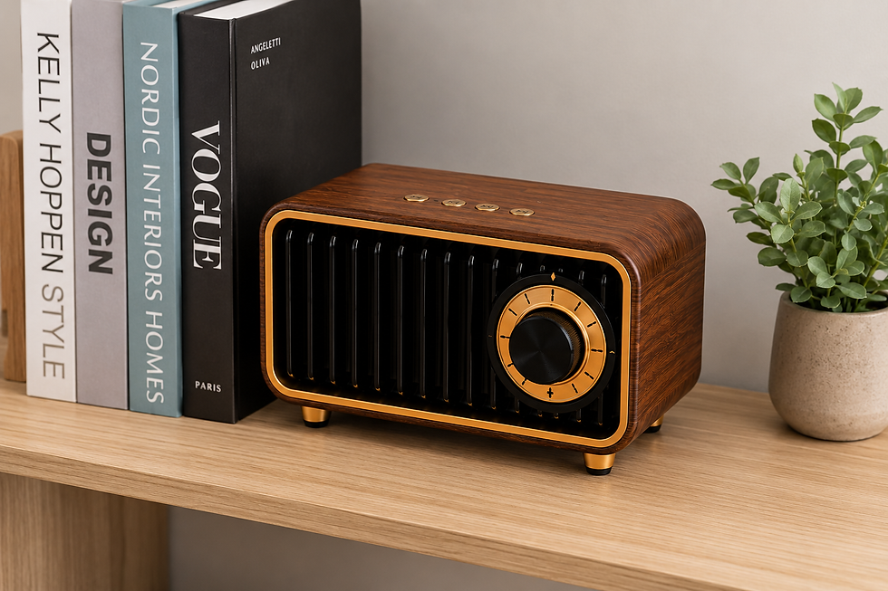 Miniatura: Caixa de Som Bluetooth Retrô AS19 em uma estante de livros com decoração moderna.