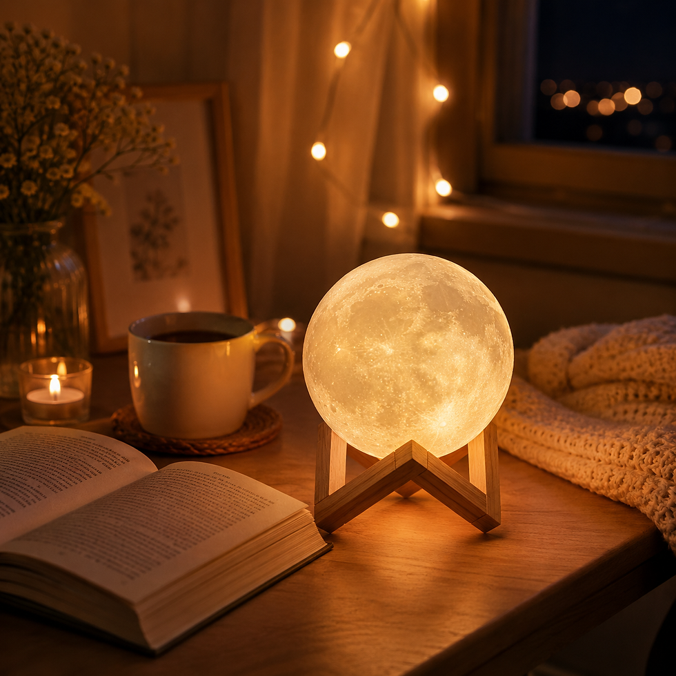 Miniatura: Luminária Lua LED sobre mesa ao lado de livro e chá em ambiente tranquilo.
