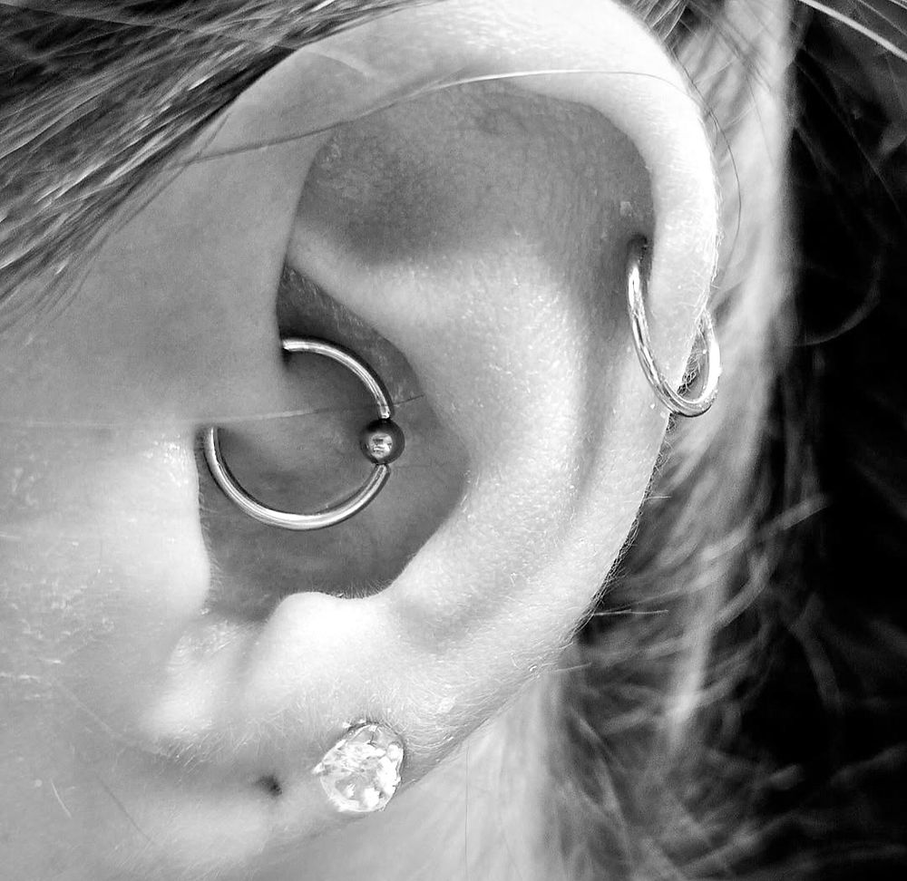 Ear with daith, helix, and lobe piercings