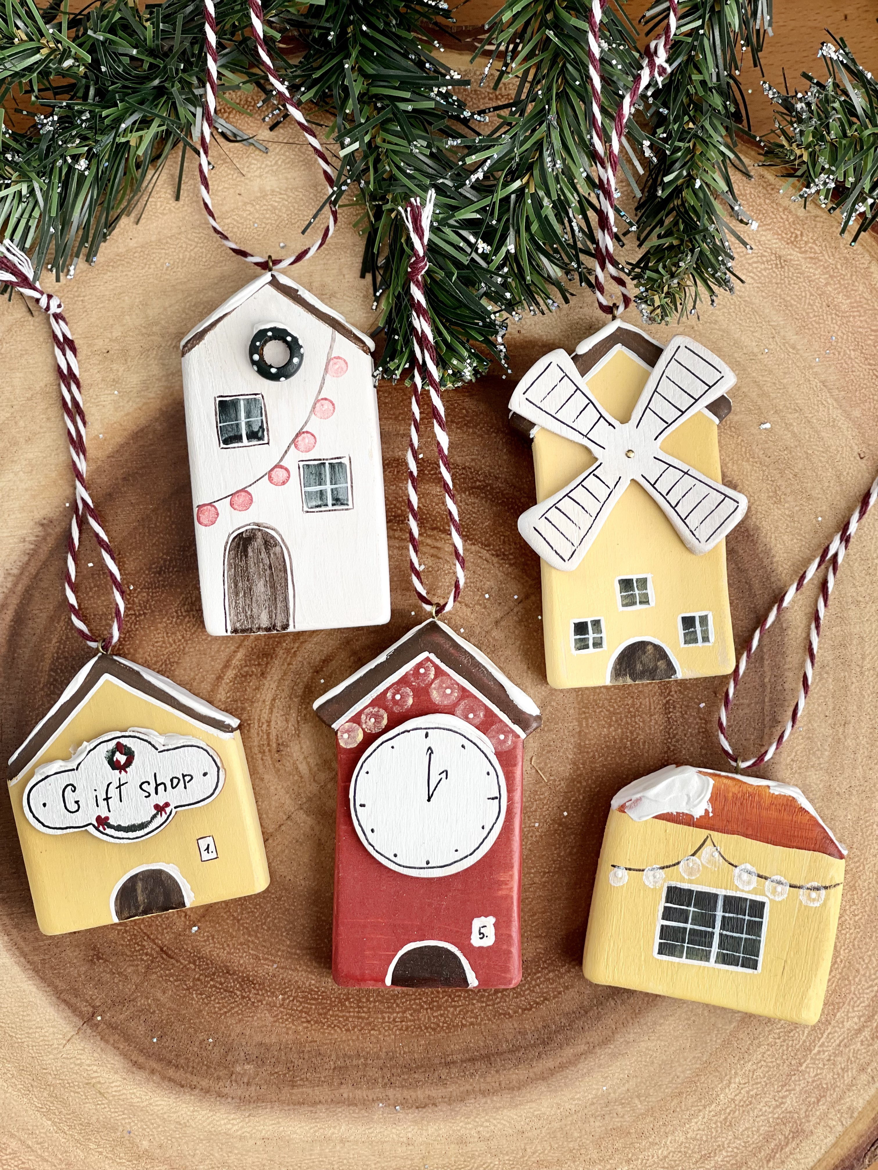 Handpainted Wooden House Ornaments, Set of 5