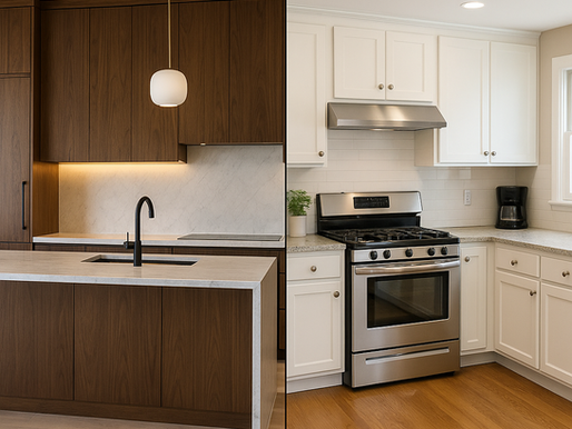 Side-by-side comparison of custom vs. standard cabinets in two remodeled kitchens.