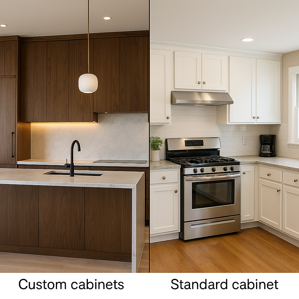 Side-by-side comparison of custom vs. standard cabinets in two remodeled kitchens.