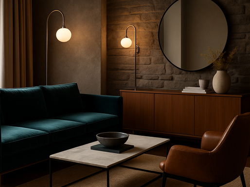 Elegant living room with teal velvet sofa, textured stone wall, brass floor lamps, marble coffee table, and wood sideboard in a warm, neutral color palette.