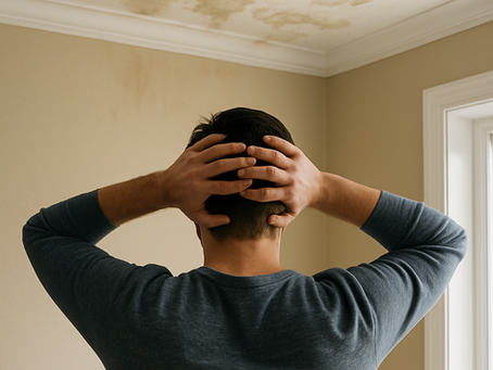 A homeowner stands with hands on head, looking up at severe water damage on the ceiling, highlighting the consequences of delayed home repairs.