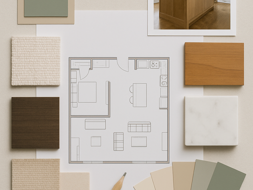 A curated home remodel mood board featuring neutral paint swatches, natural textures, wood and stone samples, and a kitchen floor plan to spark renovation ideas.