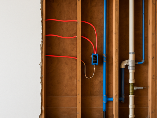 Open wall during home remodel, exposing framing, wires, and pipes.