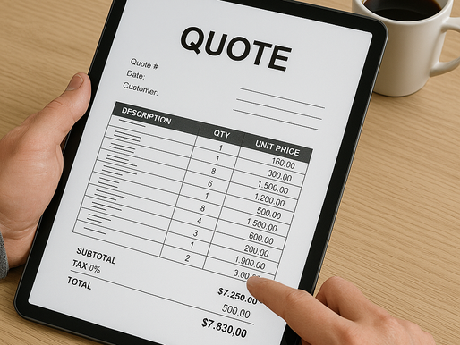 Close-up of a person's hands holding a tablet displaying a contractor estimate with itemized costs, next to a coffee cup on a wooden desk.