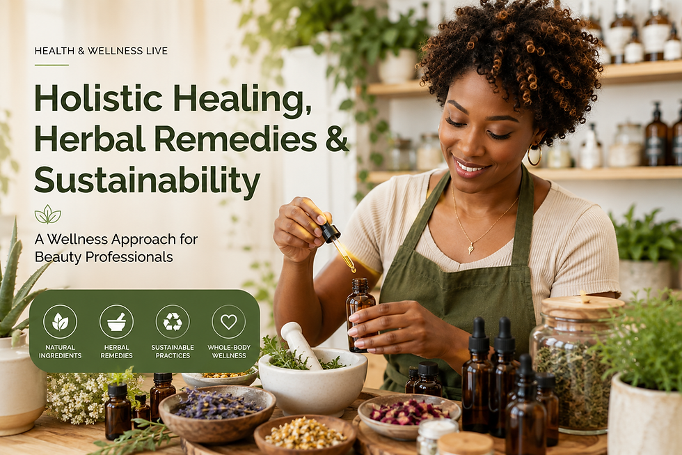 Beauty professional preparing herbal skincare remedies in a wellness-focused salon environment representing holistic skincare and sustainable beauty practices.