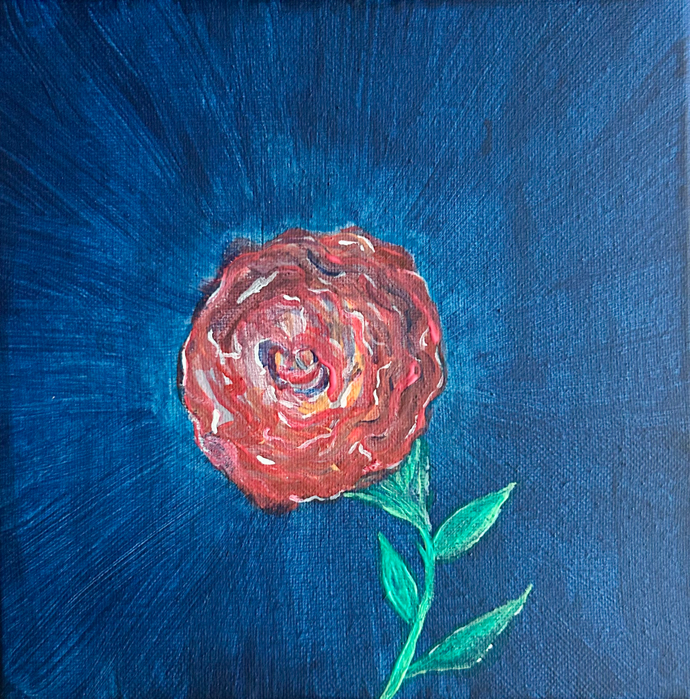 Vibrant painting of a red flower within a protruding, blue space.