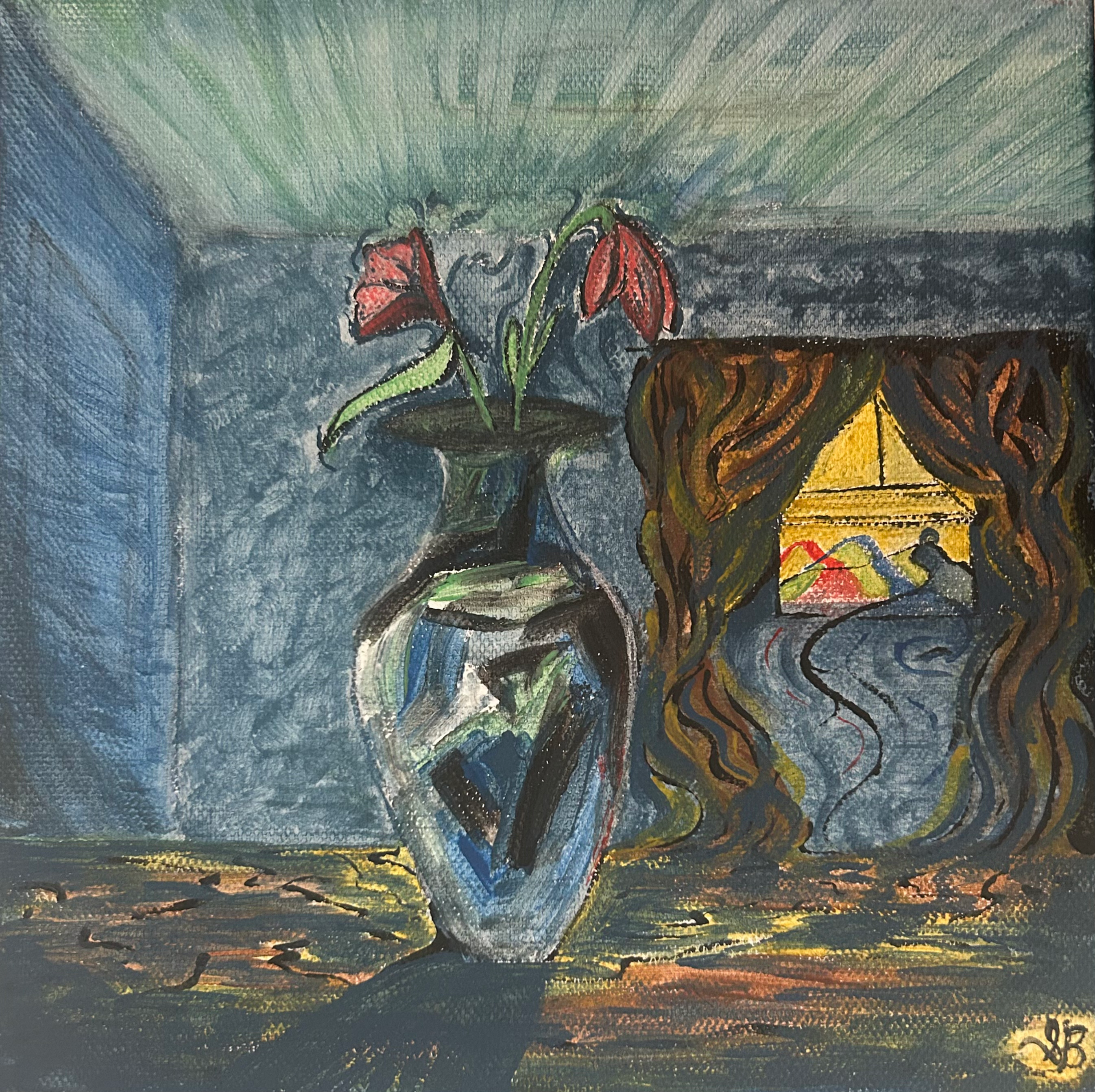 'Veronica's Dream' is a painting of a dreamscape, with a vase of flowers sitting alone within a somber room