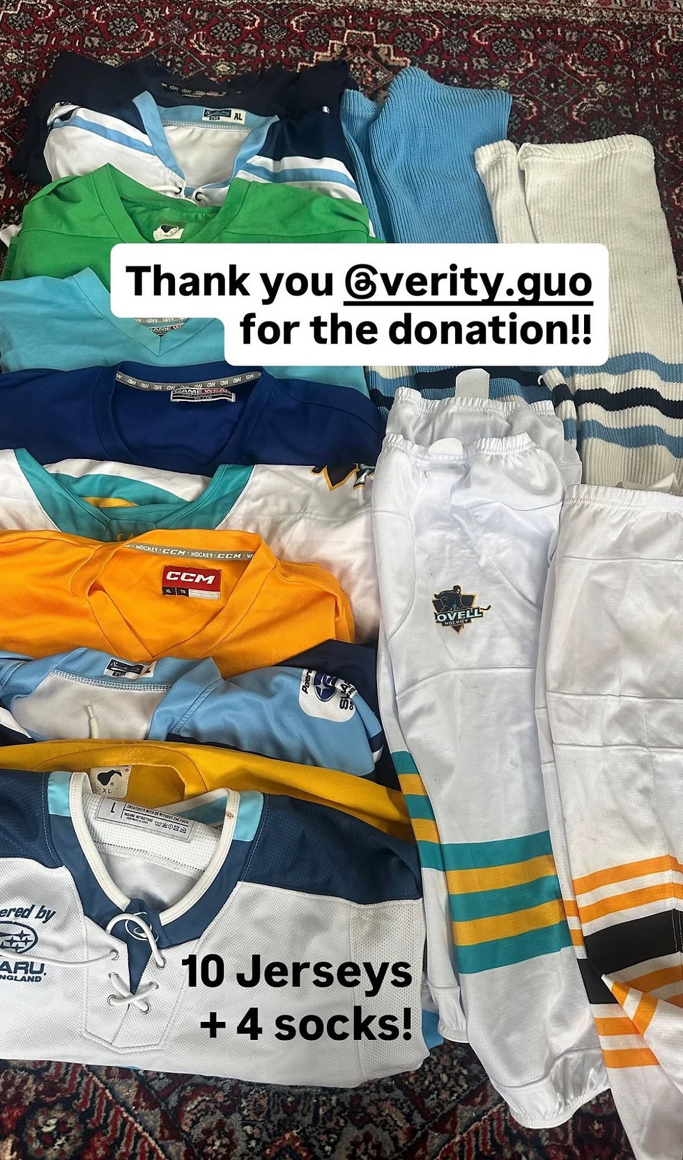 Lastly, thanks to Verity Guo for the donation of 10 jerseys and 4 pairs of socks. 