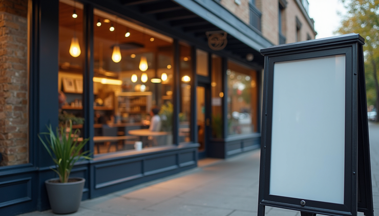 Eye-level view of a small local coffee shop storefront with a Facebook ad displayed on a nearby street sign