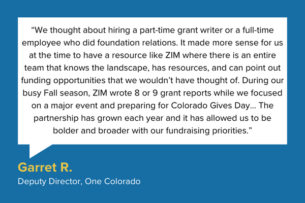 A white callout box with a quote, a name, and a job title on a blue background