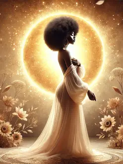 A radiant woman standing in front of a glowing halo, surrounded by flowers and candles, symbolizing empowerment and divine purpose.