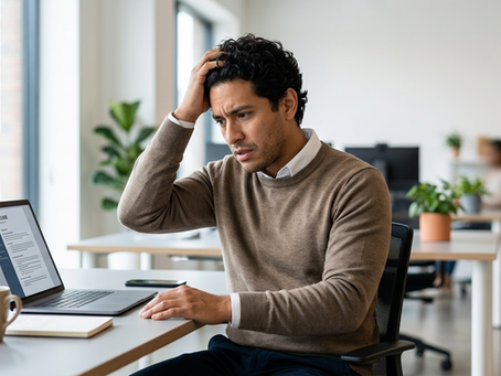Un profesional latino frustrado en un escritorio de oficina moderno, buscando ayuda para corregir los 3 errores críticos que están arruinando su resume en Canadá y por qué no lo llaman para entrevistas.