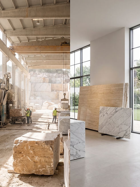 Split image showing a marble quarry excavation with workers on the left and a luxury stone showroom with slabs on the right.