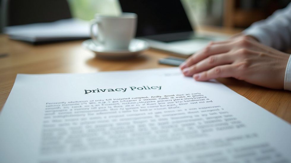 Close-up view of a printed privacy policy document on a wooden desk