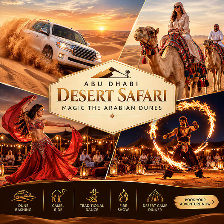 Collage for Abu Dhabi desert safari tour featuring professional 4x4 dune bashing, traditional camel riding, a fire show