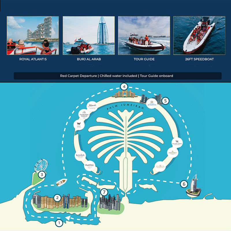 Adventure travelers capturing close-up landmark photographs of Atlantis The Palm from a premium speedboat tour.
