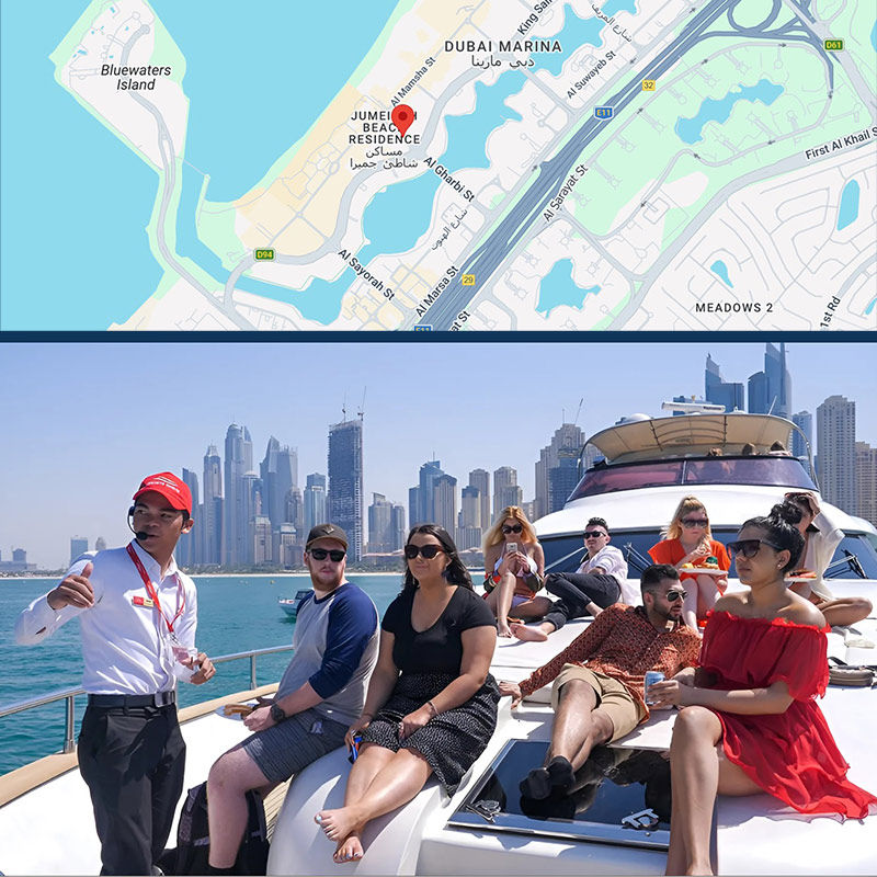 Panoramic view of the Palm Jumeirah and Burj Al Arab coastline from an active water adventure tour.