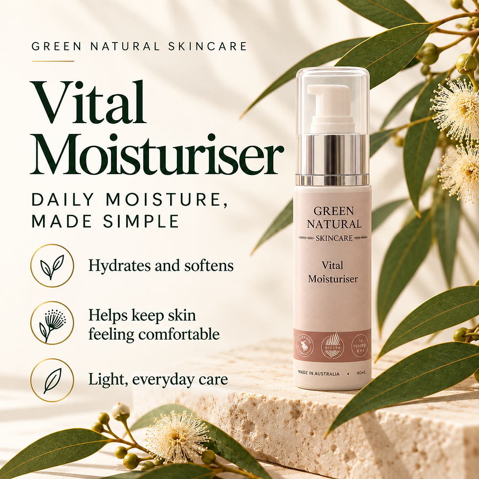 Green Natural Skincare Vital Moisturiser with product details and botanical imagery.