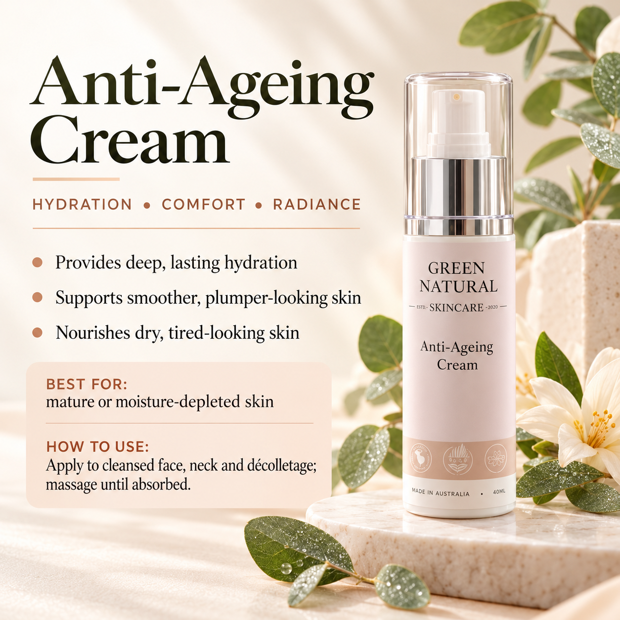 Green Natural Skincare Anti-Ageing Cream with product information.