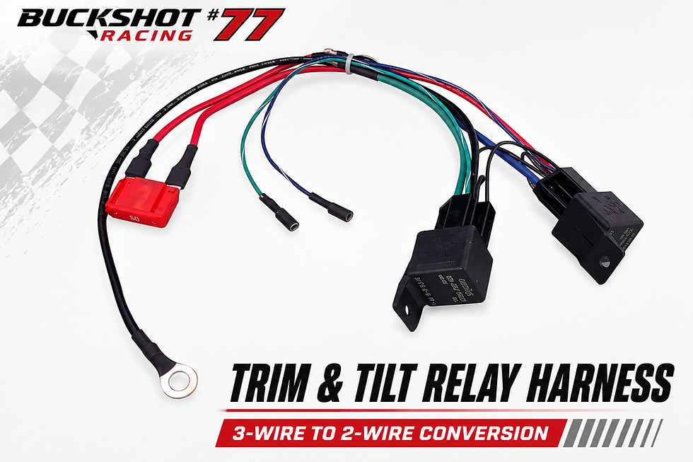 API Marine WH476 Trim & Tilt Relay Harness — two-relay conversion harness for installing compatible two-wire trim motors on select older Mercury, Mariner, and Yamaha three-wire trim systems. Available from Buckshot Racing #77.